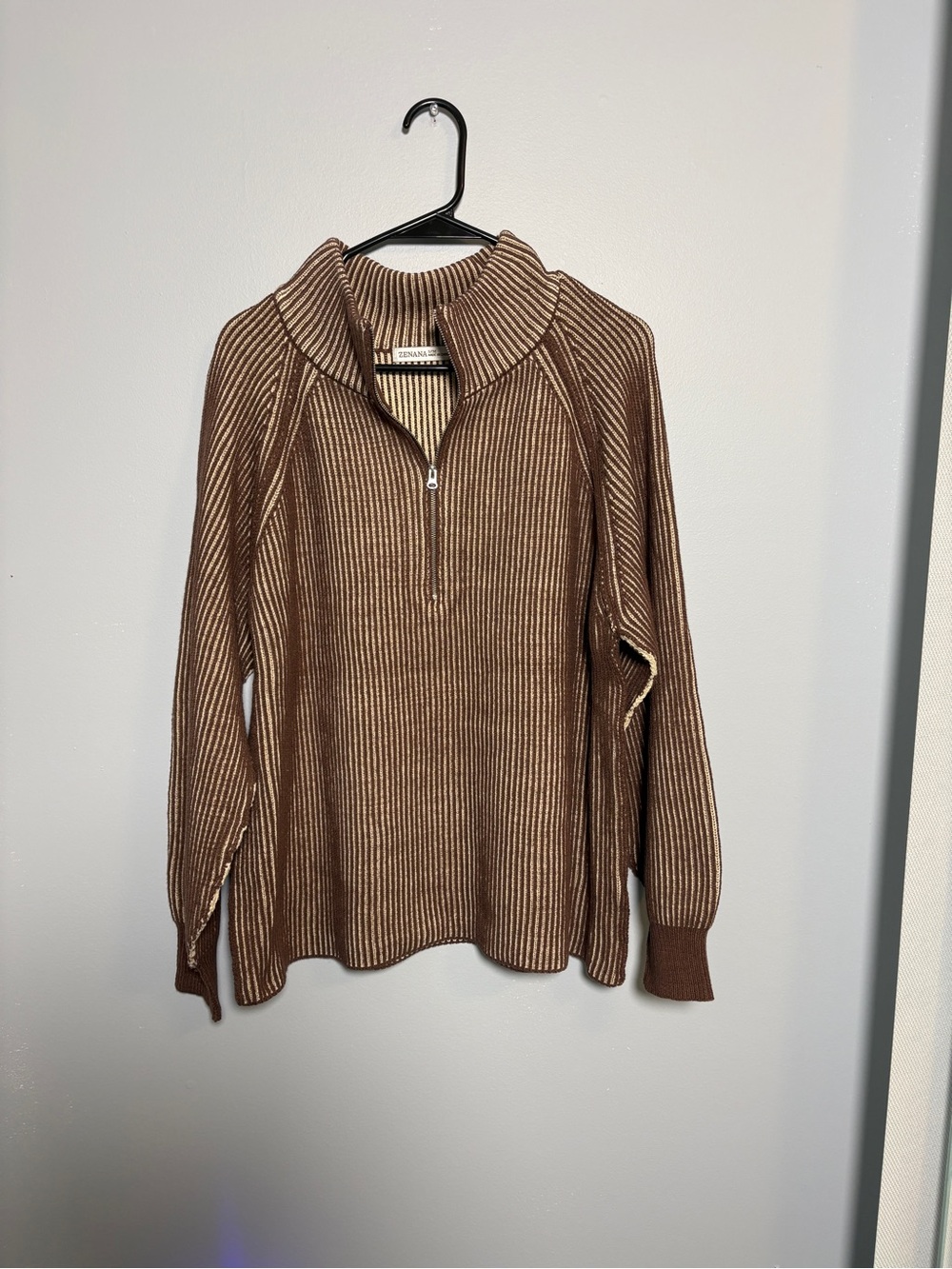 Zenana Outfitters Brown Ribbed Half-Zip Sweater with Cream Piping
